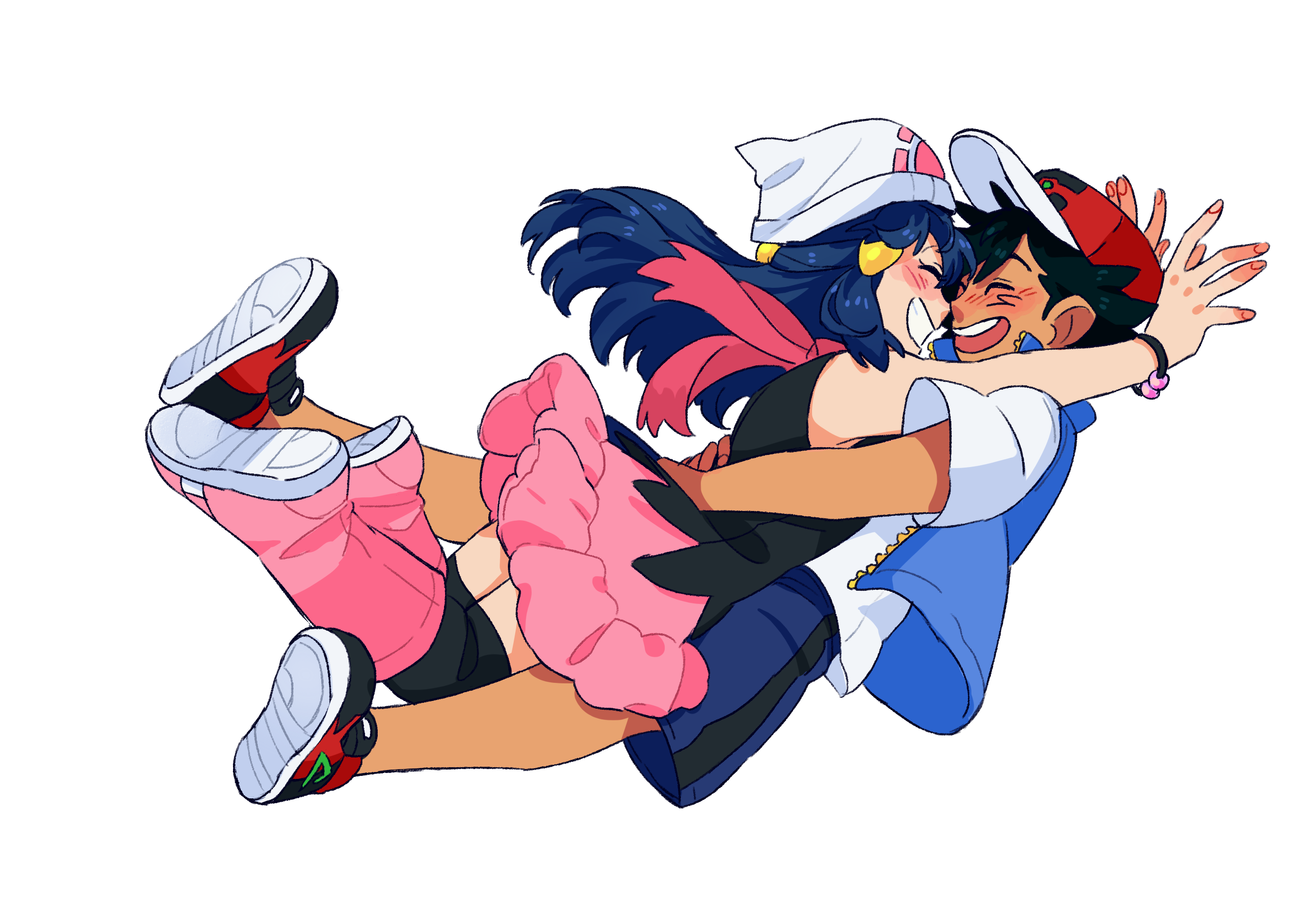 A decorative render of Ash and Dawn hugging while floating/falling